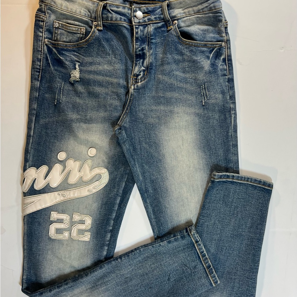AMIRI Distressed Blue Skinny Jeans Size 32-34 stretch $320 good condition.
